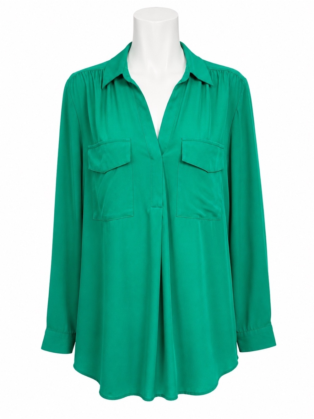 NWT Ann Taylor Emerald Green Utility Blouse Long Sleeve Split Neck Pocket Top L